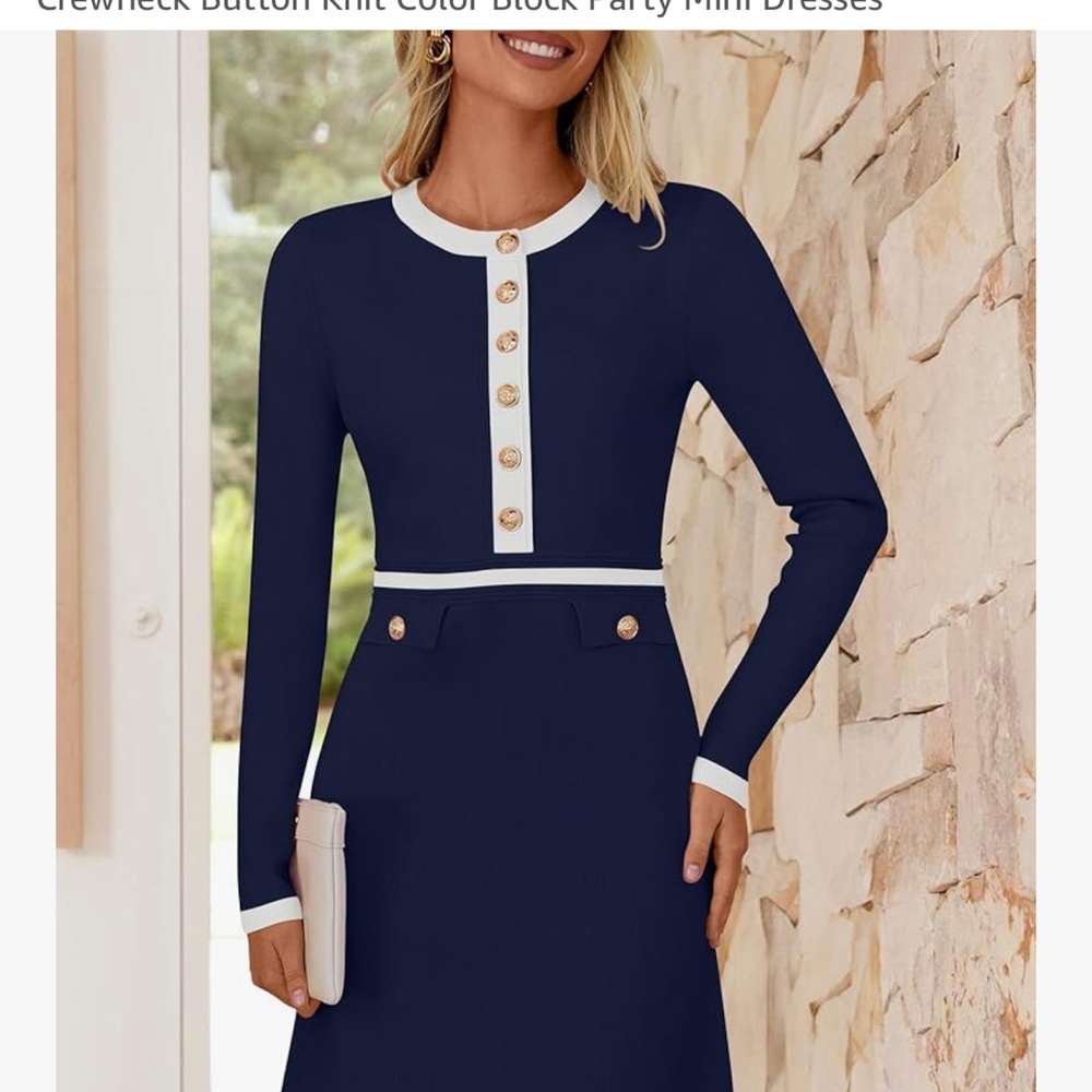 Chic Navy Long Sleeve Dress with Gold Accents